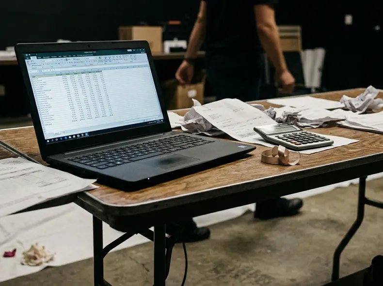 A cluttered folding table in a venue backroom serves as a raw budgeting station